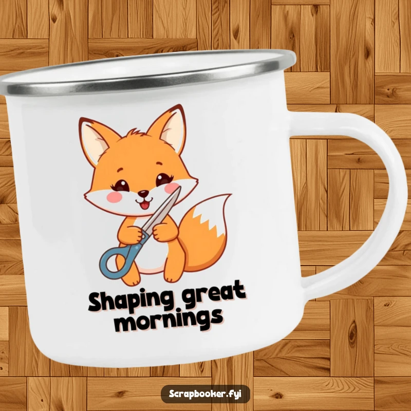 Funny Fox Camping Mug: A cheerful fox with decorative scissors is ready for outdoor crafting and beverage enjoyment.