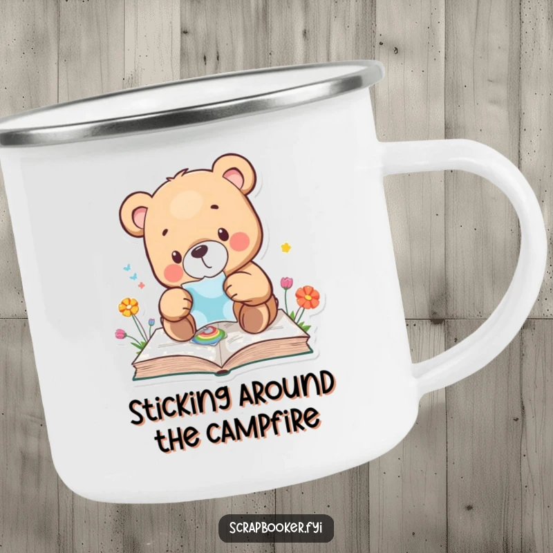 Funny bear camping mug featuring a bear carefully placing a sticker onto a colourful page, perfect for outdoors. Ideal gift.