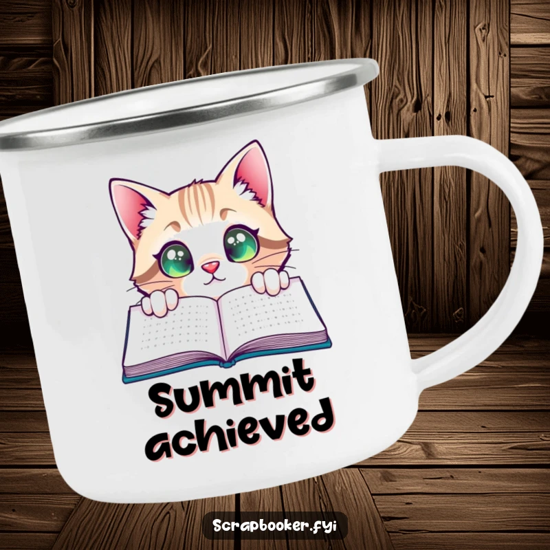 Funny Cat Camping Mug: A curious cat peeking with satisfied, wide eyes at a completed page, ideal for outdoor readers.