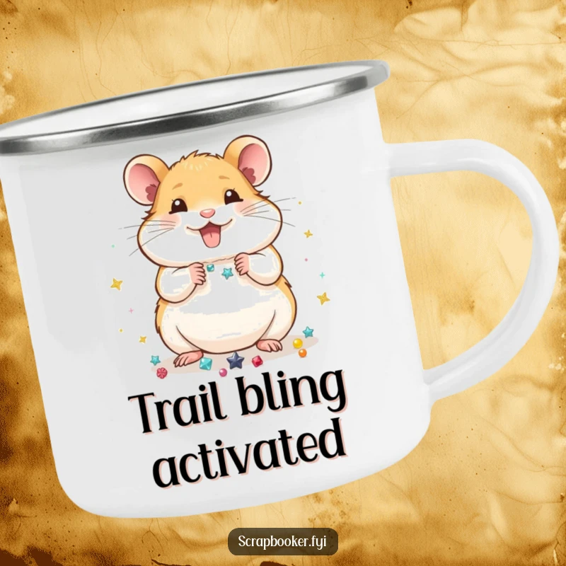 Funny Camping Mug: A hamster meticulously arranging shiny embellishments, bringing crafty humor and delightful detail to outdoor moments.