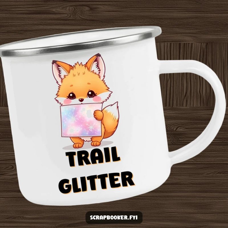 Funny camping mug featuring a fluffy fox cub holding a giant sparkly sticker sheet, for outdoor fun.