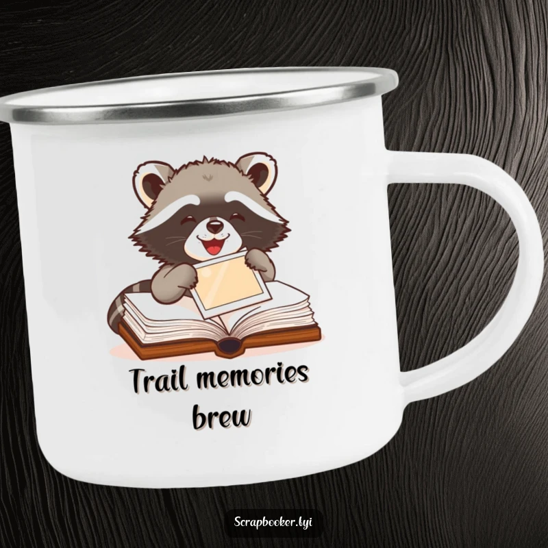 Funny Raccoon Camping Mug showing a delighted raccoon pasting a photo into a book, ideal for outdoor use.