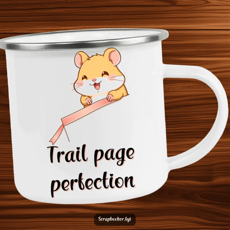 Funny camping mug with a happy hamster carefully taping a ribbon along a page edge, perfect for organizers.
