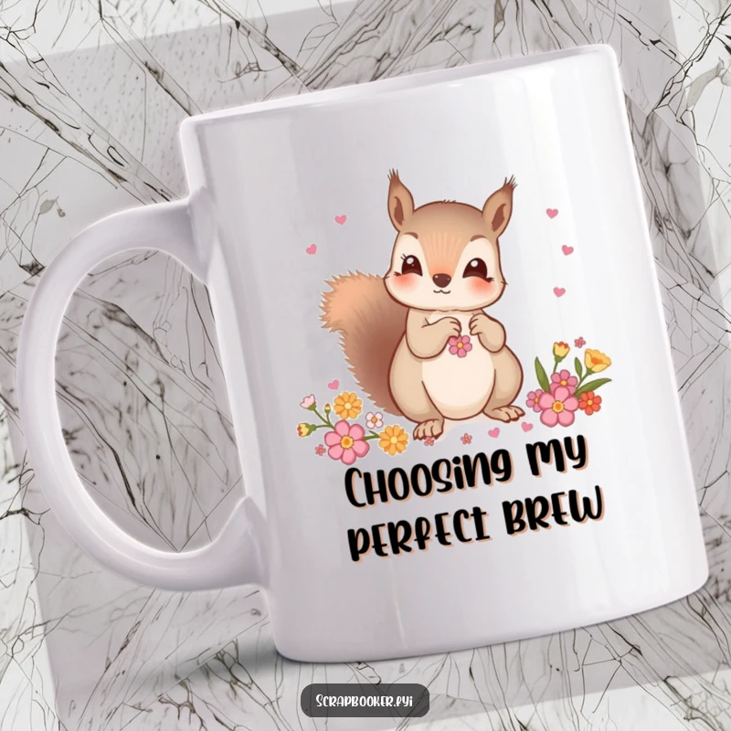 Funny mug featuring a curious squirrel carefully choosing decorative embellishments, showcasing a keen eye for design and style.