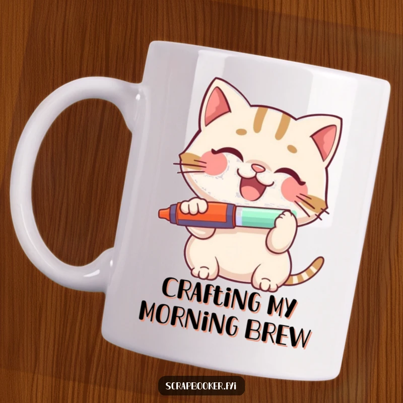 Funny Cat Mug: Adorable smiling cat gleefully using a glue stick, perfect for crafters and cat lovers, a humorous gift.
