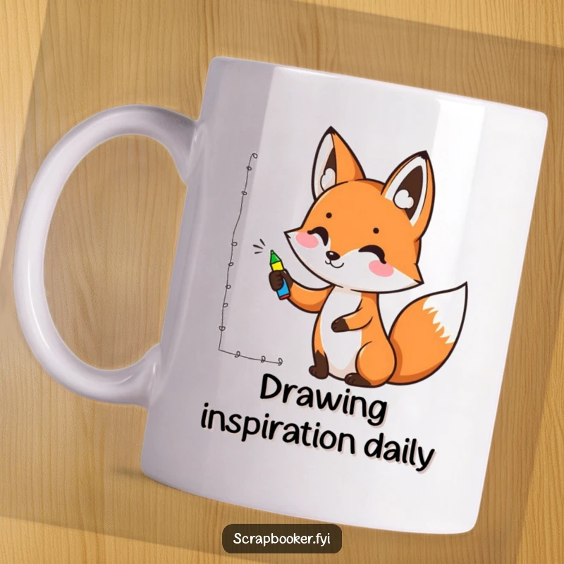 Funny mug showing a cheerful fox with a marker, drawing a decorative border, showcasing artistic fun and creativity.