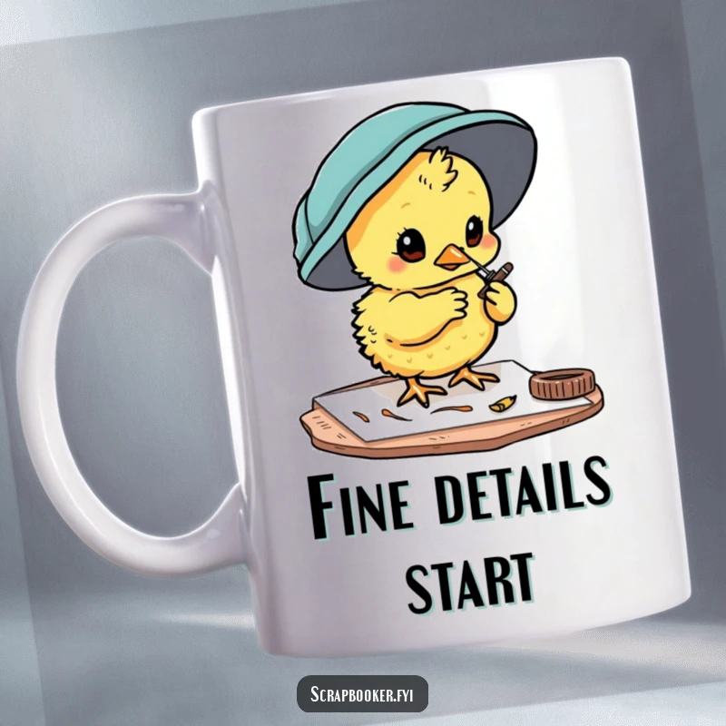 Funny chick mug featuring a curious character painting small details onto a crafted card, perfect for crafters.