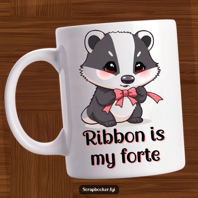 Funny mug with a determined badger crafting a ribbon accent, showcasing intense focus and dedication to detail.
