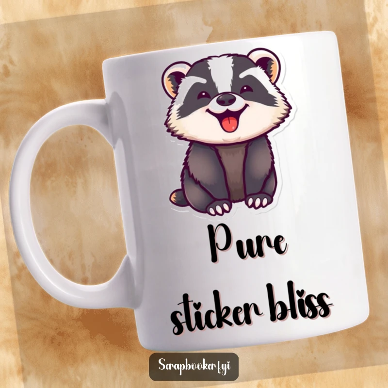 Funny mug featuring a badger with intense, joyful focus pressing down a sticker onto a surface. Captures a moment of delightful accomplishment.