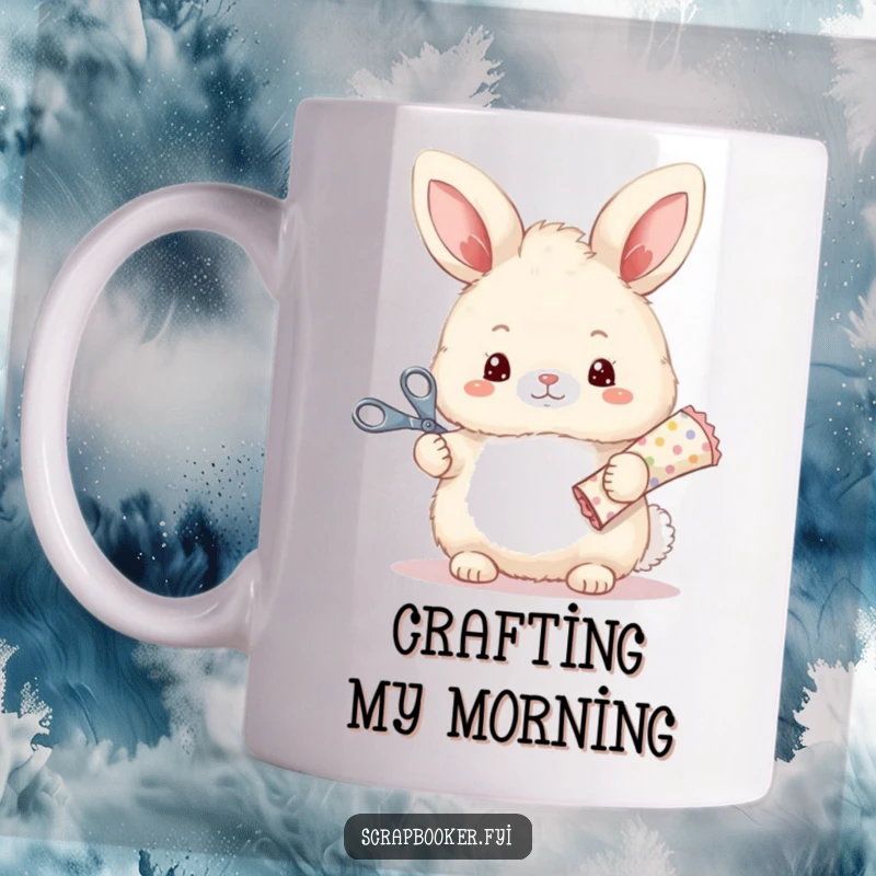 Funny mug depicting a fluffy bunny masterfully holding scissors and patterned paper, ready for a crafting adventure.