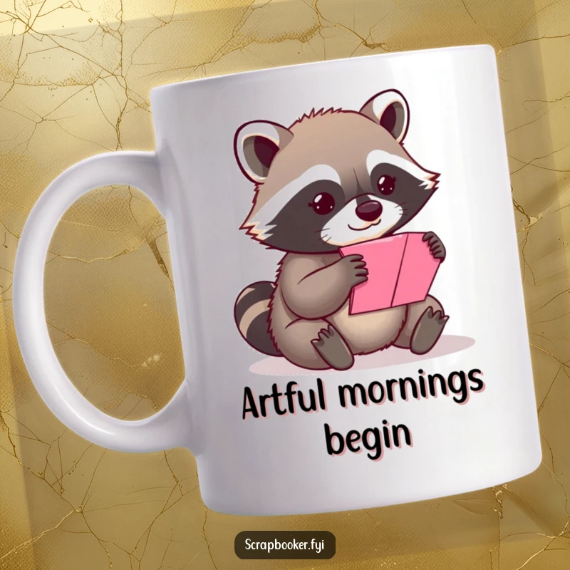 Funny content raccoon carefully folding a vibrant piece of paper on a mug, showcasing calm artistry.