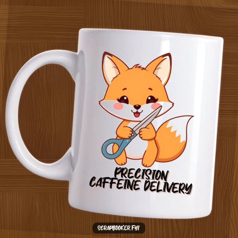 Funny Fox Mug: A cheerful fox joyfully cuts a shape with decorative scissors, embodying crafty delight and artistic passion.