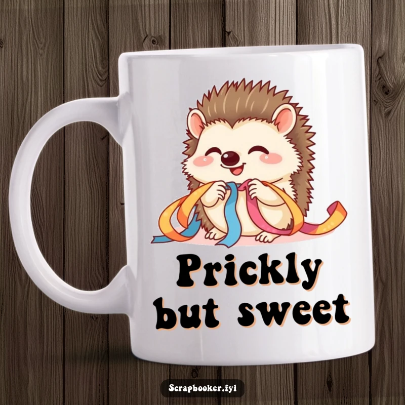 Funny hedgehog mug shows a giggling hedgehog carefully threading colorful ribbon, ideal for crafters and as a funny gift.