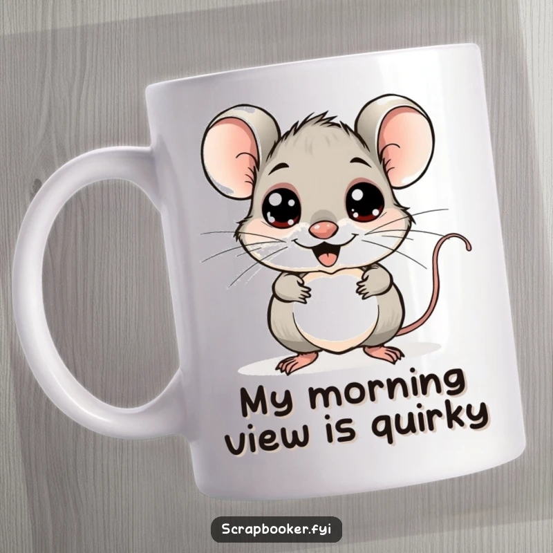 Funny mouse mug sticking googly eyes onto a whimsical drawing, showcasing playful creativity and silly artistic expression.
