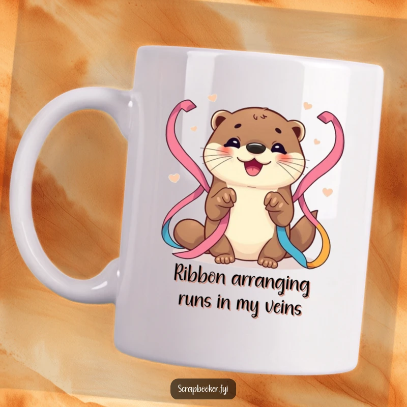 Funny Otter Mug: Joyful otter artist delicately arranging colorful ribbons with focused, happy paws, inspiring creativity and smiles.
