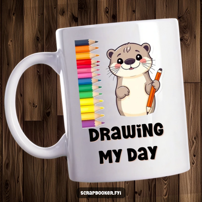 Funny otter mug featuring a smiling otter sketching a border with a vibrant colored pencil, perfect for creative individuals.
