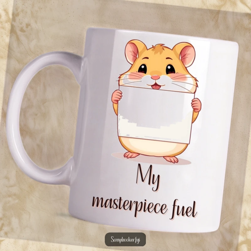 Funny, proud hamster proudly displaying a beautifully finished scrapbook page on a mug, celebrating creativity.