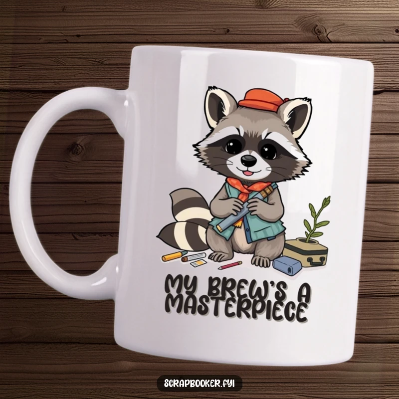 Funny raccoon mug crafting a layered collage with various materials, showcasing a mischievous and artistic personality.