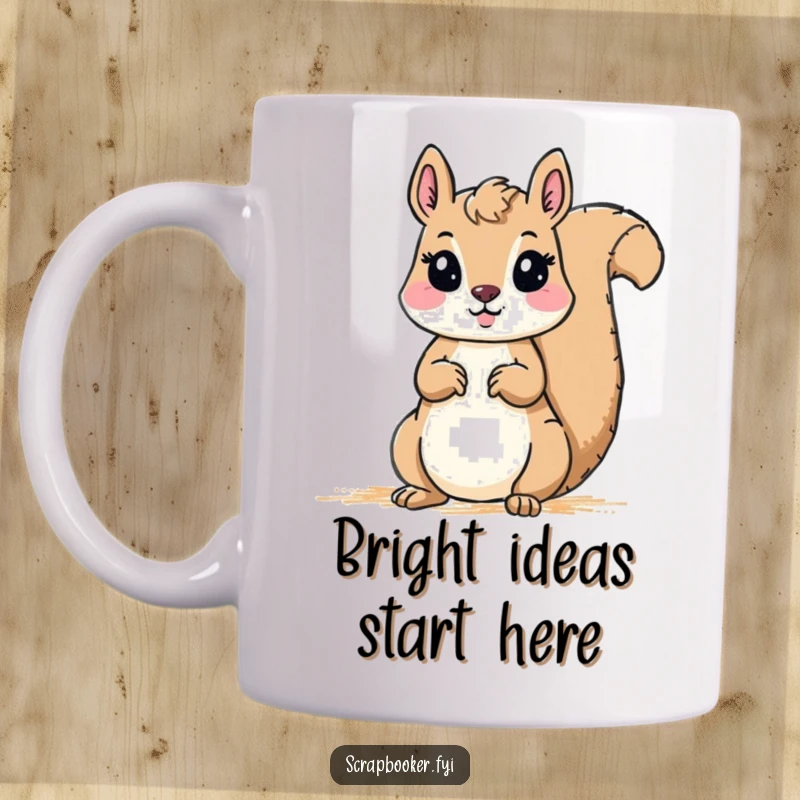 Funny Mug: A cheerful squirrel focused on drawing a colorful border with a bright crayon, symbolizing creative expression.