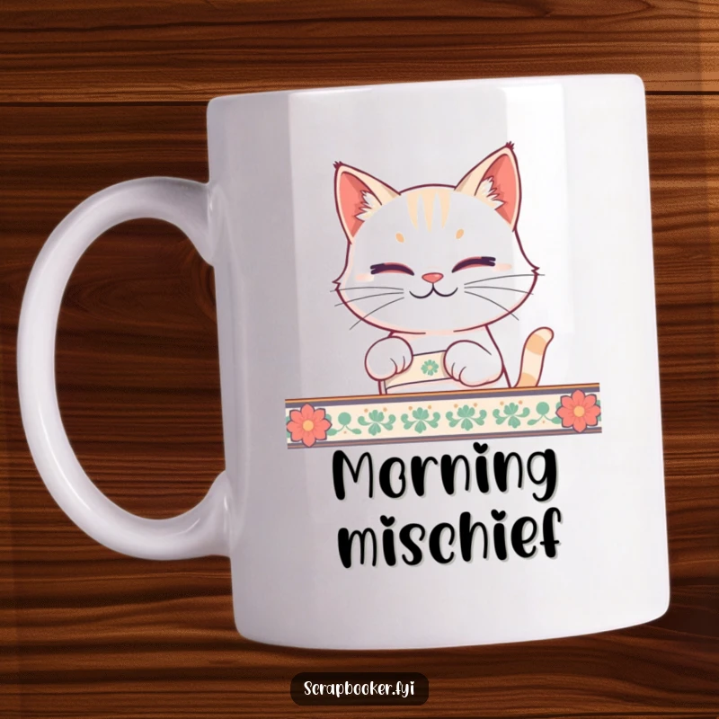 Funny cat mug shows a smirking cat carefully peeling tape, ideal for cat lovers and as a funny gift.