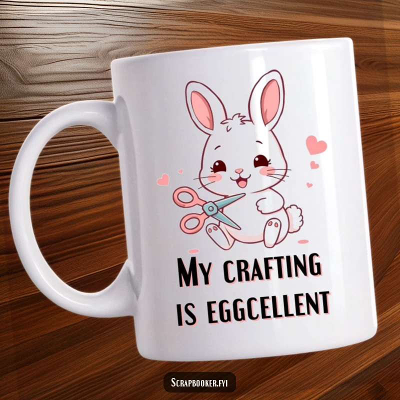 Funny bunny mug with a cheerful expression, playfully cutting colorful paper with scissors, ideal for creative gift ideas.