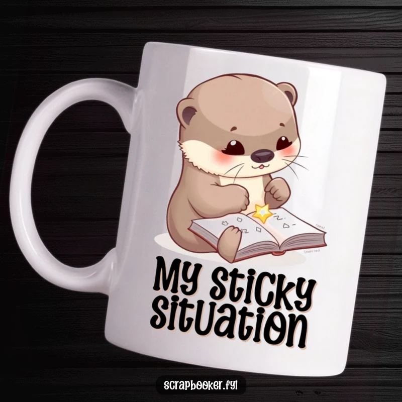 Funny mug featuring a cute otter with a focused expression, carefully gluing a sparkling embellishment onto a craft page, showcasing artistic joy.