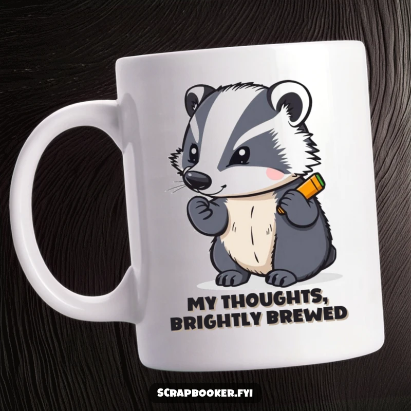 Funny mug with a determined badger writing with a bright crayon, showcasing artistic focus and bold creative expression.