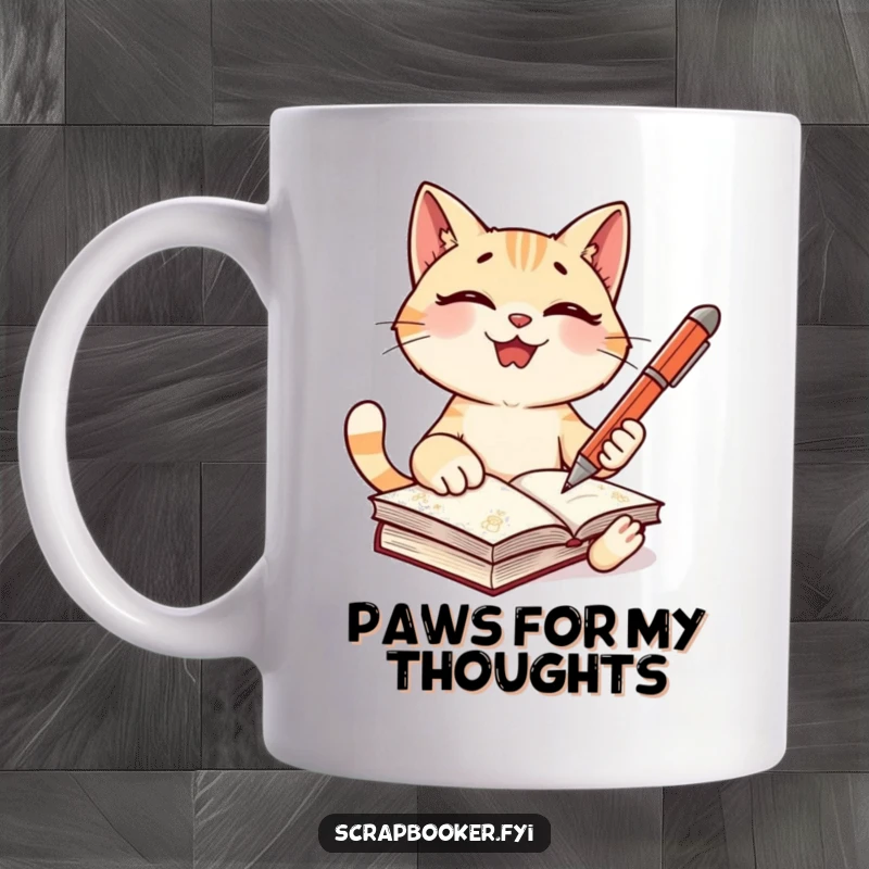 Funny cat mug of a giggling character holding a pen, ready to write in a journal, perfect for writers.