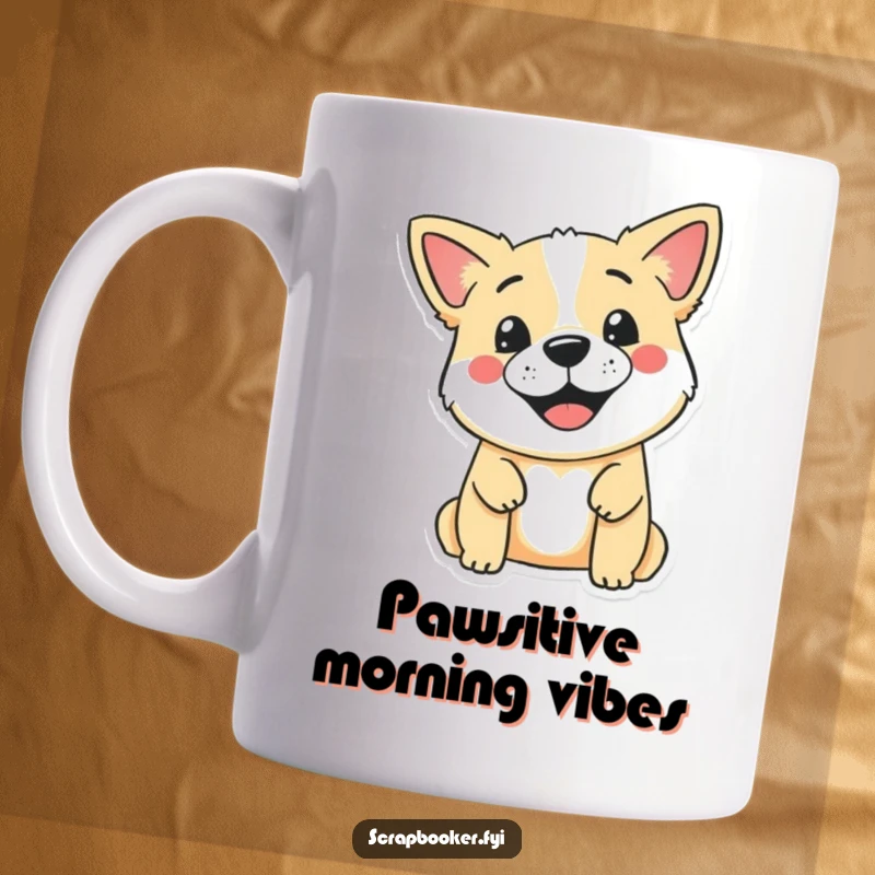 Funny mug showing a smiling dog with a stamp, pressing a cute design onto a blank page, full of canine artistry.