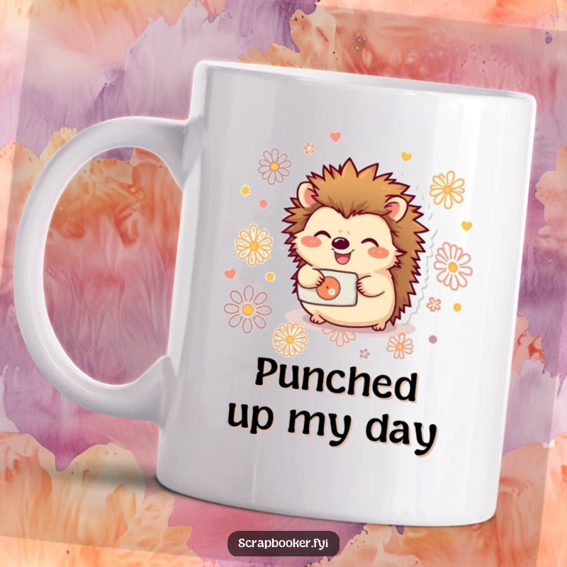 Funny mug showing a joyful hedgehog happily using a hole punch to create decorative patterns on paper.