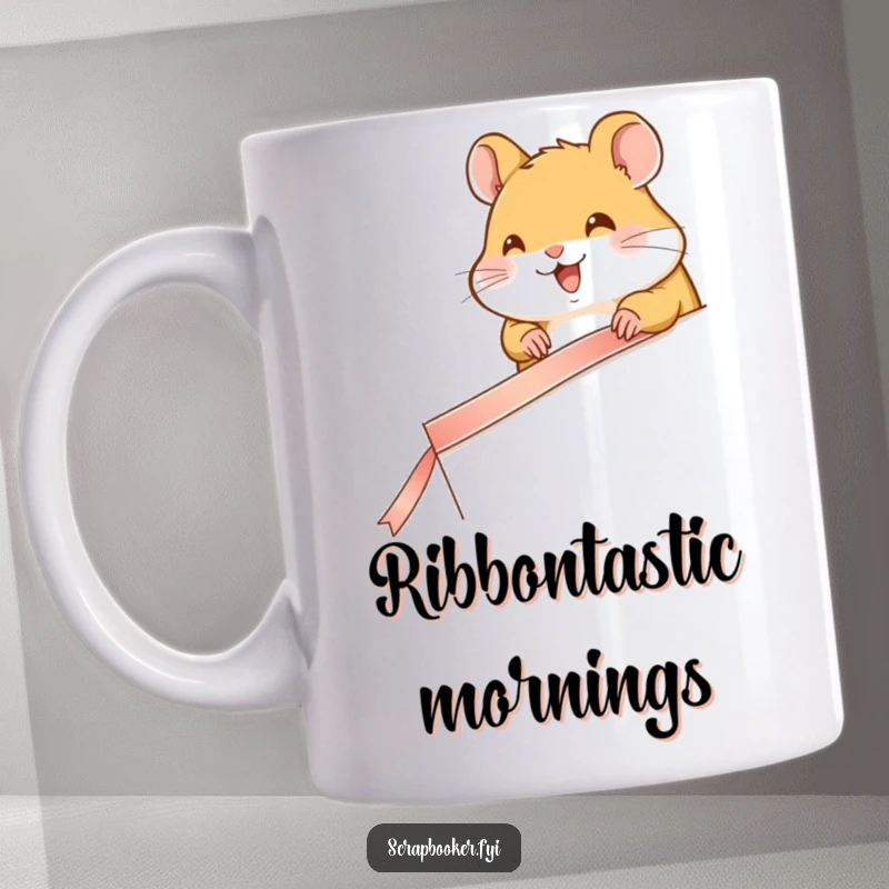 Funny mug showing a happy hamster carefully applying tape to secure a ribbon along a page edge.