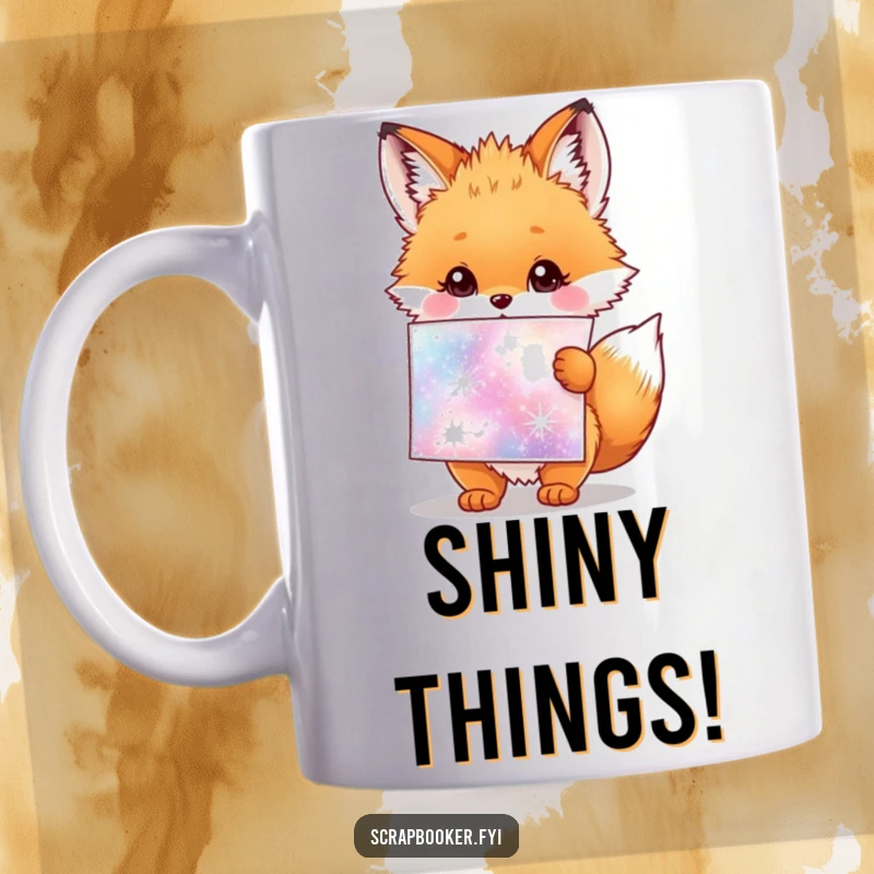 Funny mug featuring a fluffy fox cub holding a giant sheet of sparkly stickers, radiating excitement and joy.