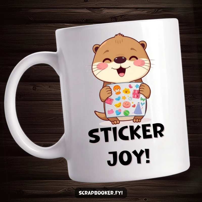 Funny Otter Mug: A cheerful otter gleefully holds a vibrant sticker sheet, radiating pure anticipation and happiness for sticker lovers.