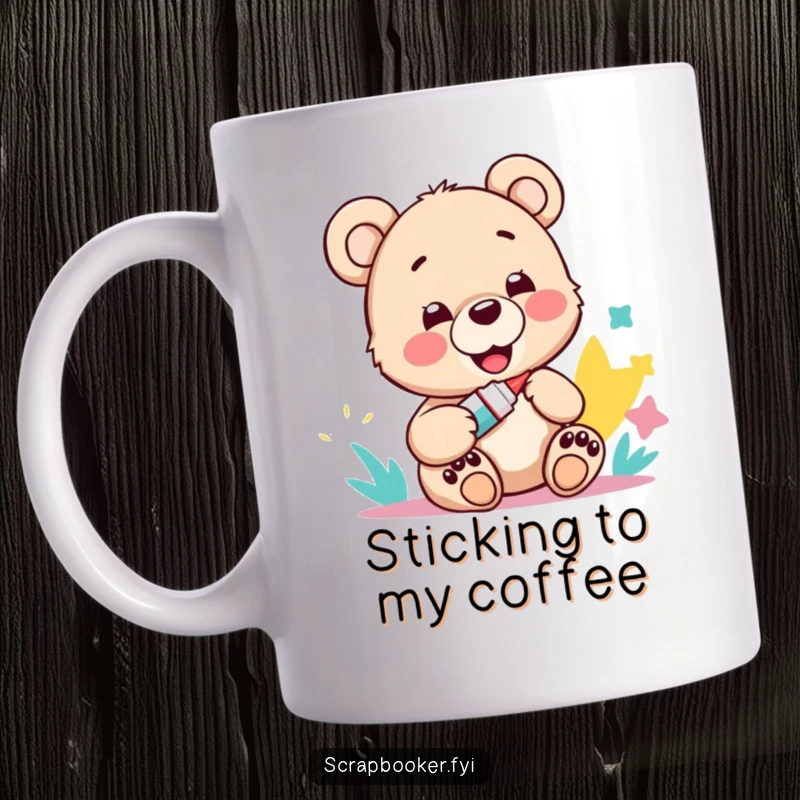 Funny mug featuring a happy bear cub holding a glue stick and admiring a colorful paper creation.