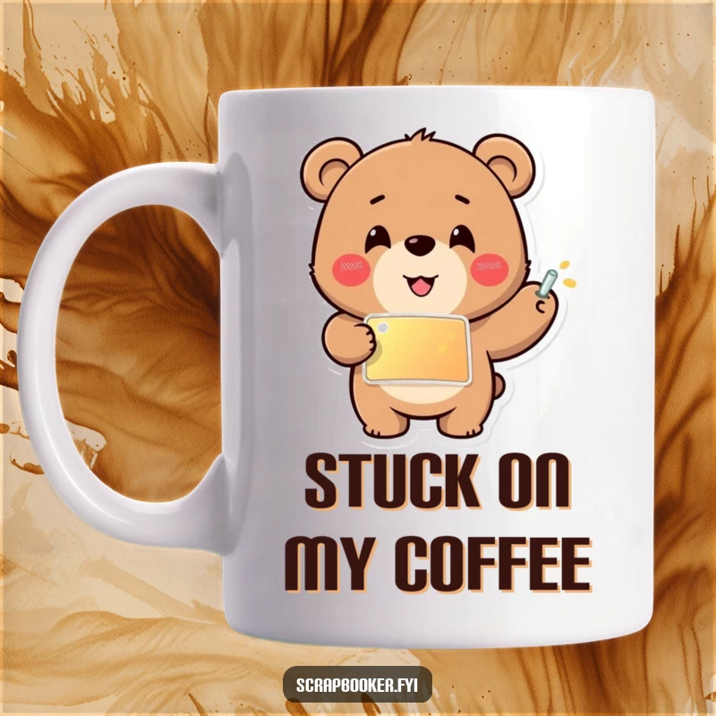 Funny mug with a cheerful bear carefully gluing a shiny sticker into place, showcasing focus and artistic flair.