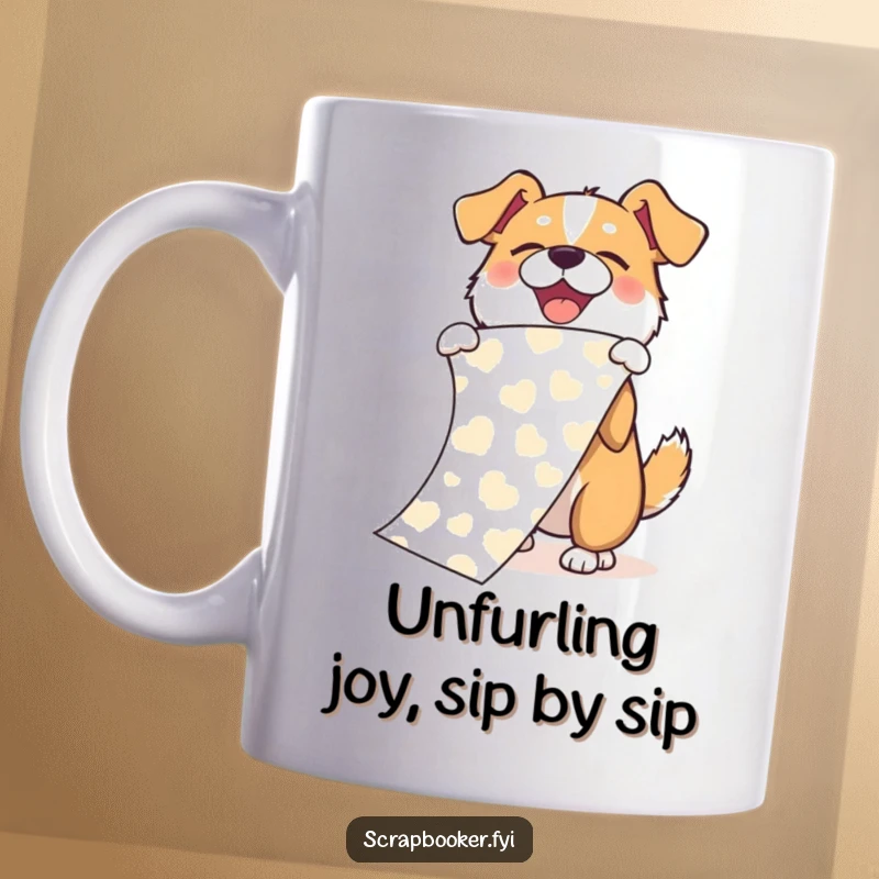 Funny mug featuring a joyful dog enthusiastically unfurling a long piece of patterned paper with a playful flourish.