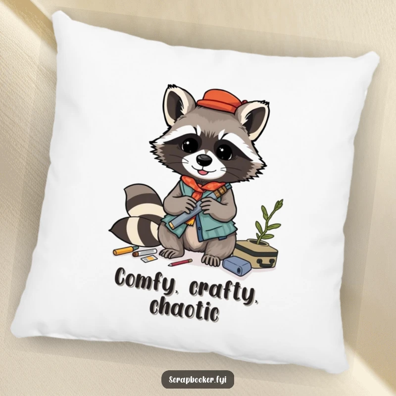 Funny raccoon pillow, playfully crafting a layered collage with various materials, offering cozy artistic amusement.