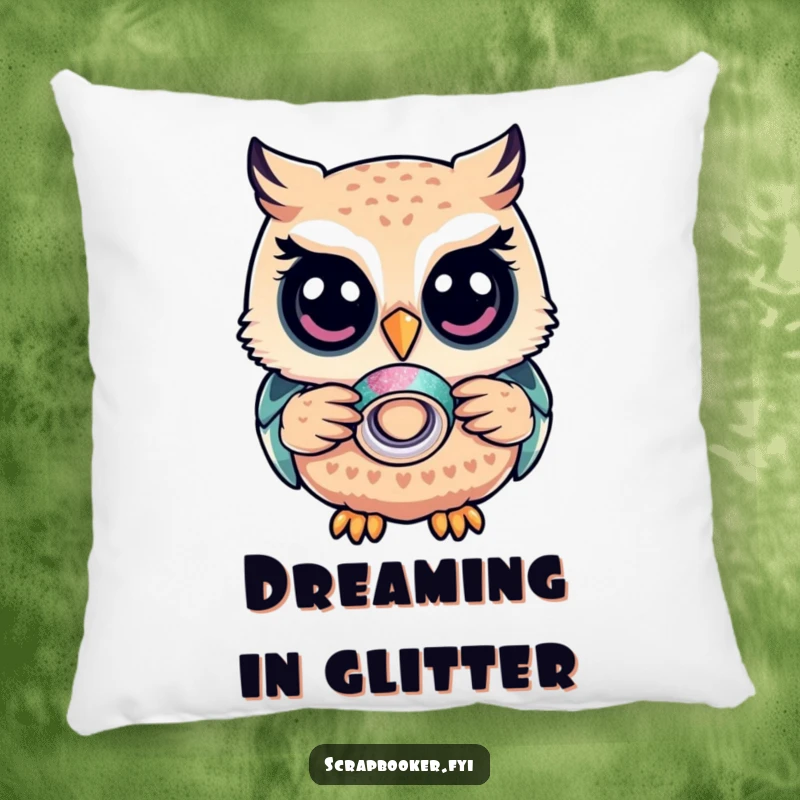 Funny Owl Pillow: A content owl holding glitter tape, providing comfort and whimsical humor, ideal for cozy spaces.