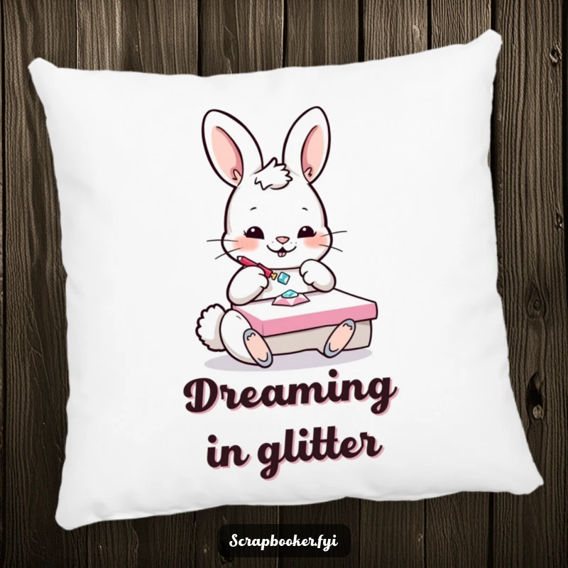 Funny Bunny Pillow: A playful bunny is shown gluing a sparkling gem onto a project, radiating creativity and coziness.