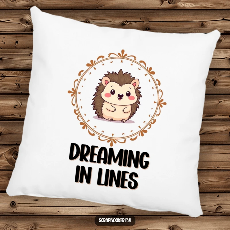 Funny hedgehog pillow featuring a cheerful character drawing a border, perfect for cozy artistic vibes.