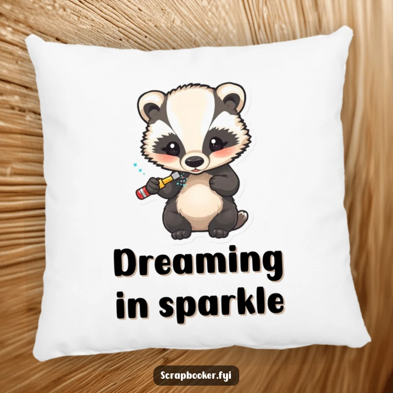 Funny pillow featuring a little badger carefully applying glitter to a finished design, perfect for decor.