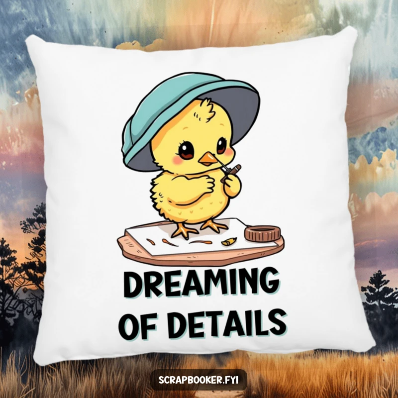 Funny chick pillow featuring a curious character painting card details, perfect for cozy crafting comfort.