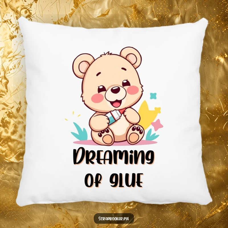 Funny pillow featuring a happy bear cub with a glue stick and paper art, adding cozy humor.