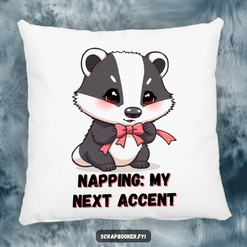 Funny pillow with a determined badger carefully placing a ribbon accent, adding a touch of humor to comfort.