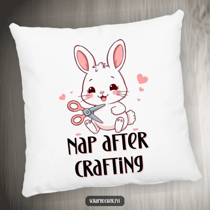 Funny bunny pillow featuring a cheerful bunny with scissors, ideal for adding a touch of crafting humor.