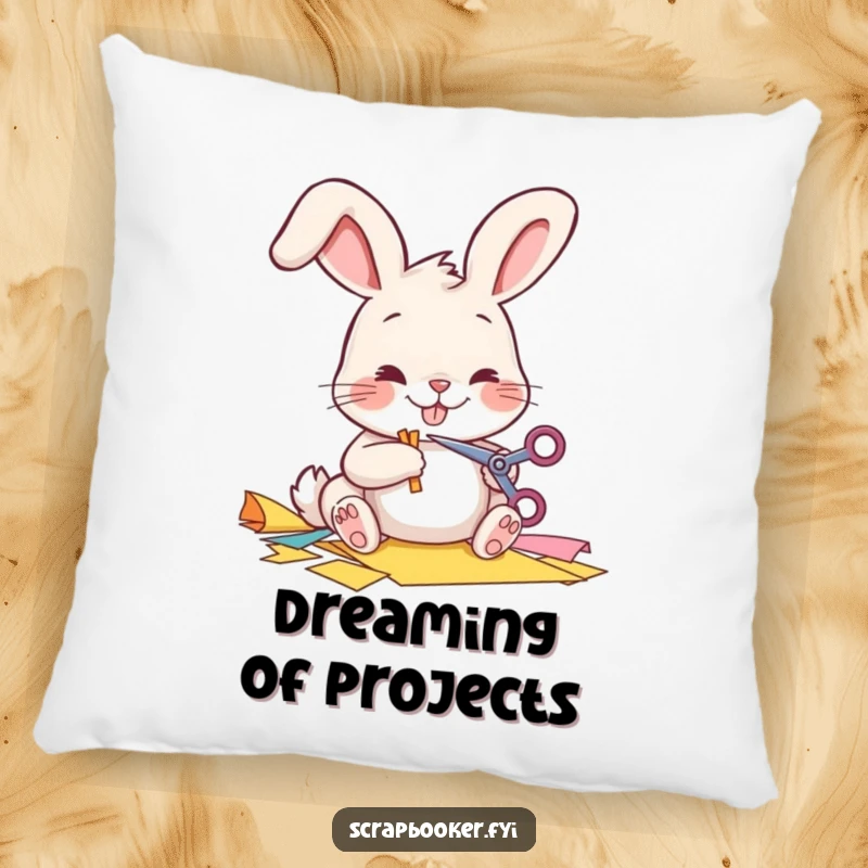 Funny Pillow with a cheerful bunny cutting paper, offering comfort and a touch of crafting charm.
