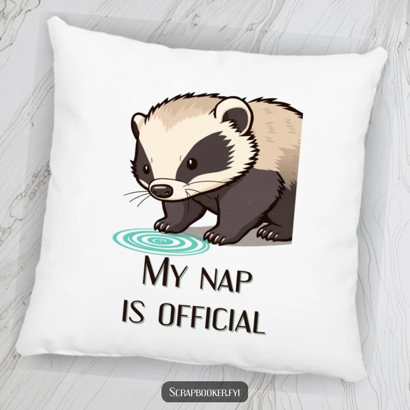 Funny determined badger pressing rubber stamp with clear impression, on a decorative pillow, adding official charm to any room.