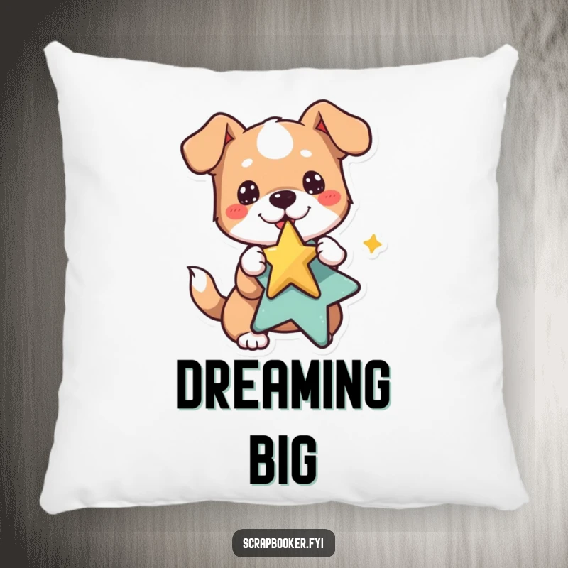 Funny dog pillow depicting a playful dog pasting a star sticker, adding comfort and cheerful humor.