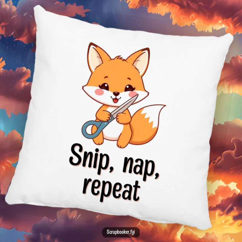 Funny Fox Pillow: A cheerful fox with decorative scissors sits comfortably, ready to inspire crafting dreams and cozy moments.