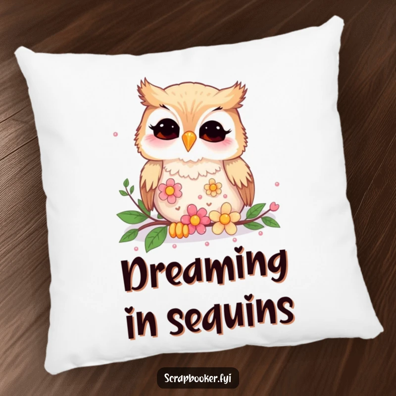 Funny giggling owl engrossed in arranging colorful flower sequins on a plush pillow, perfect for humorous decor.